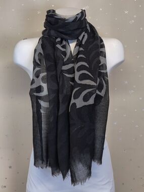 100% Wool Oversized Scarf Wrap Black Gray Fern Print 29x70 by Naturally Knotty